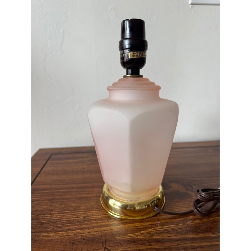 Vintage Pink Frosted Satin Glass Table Lamp Brass Base Art Deco